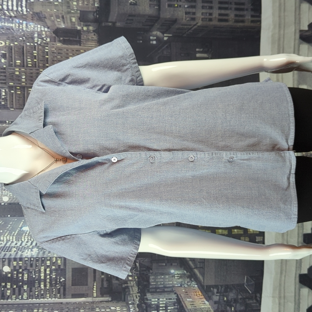 DENIM & CO sz M Chambray Blue Short Sleeve Button Down Cotton Shirt